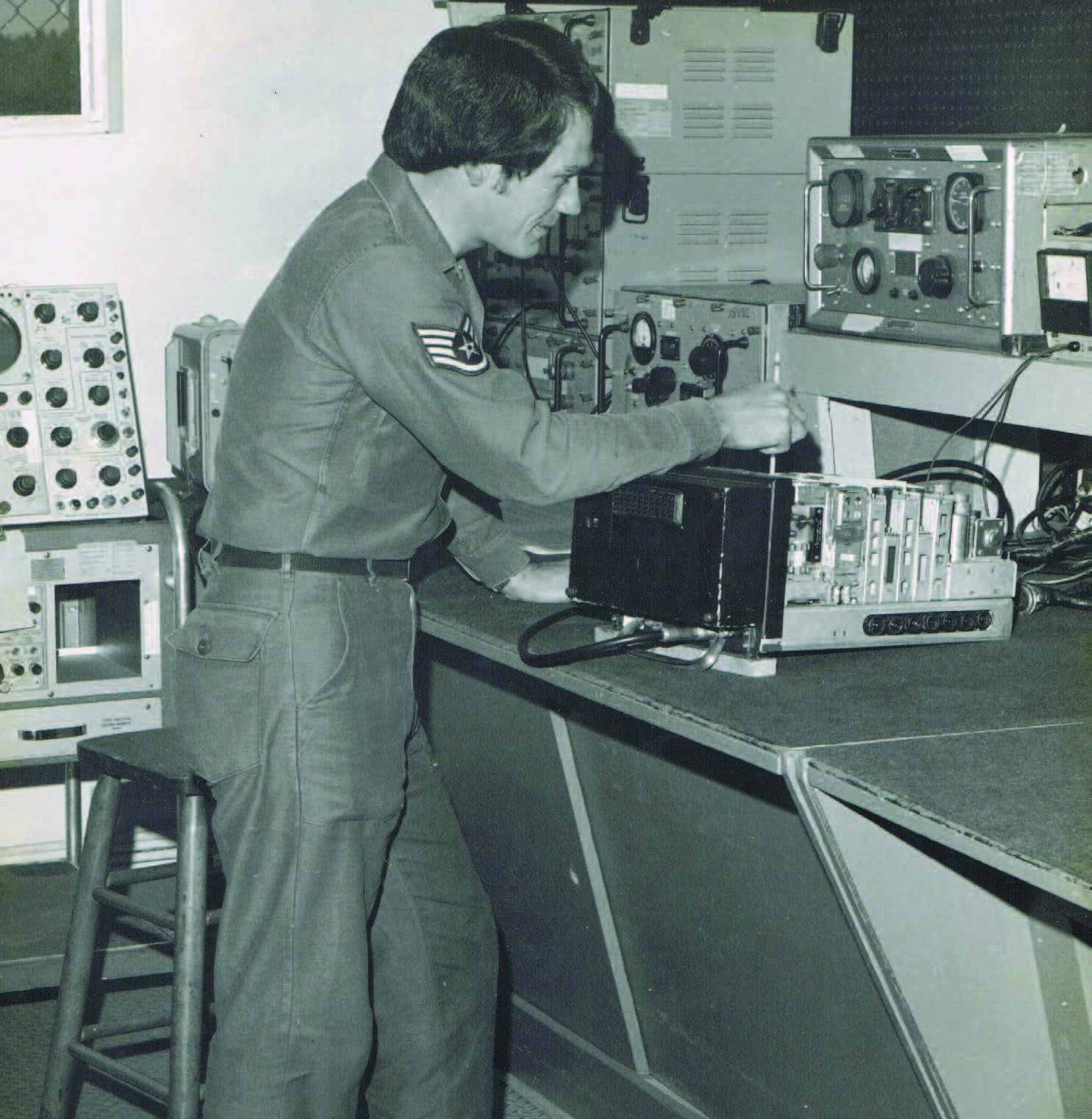 Pat Geer repairs avionics equipment while serving in the Florida Air National Guard in the 1970s